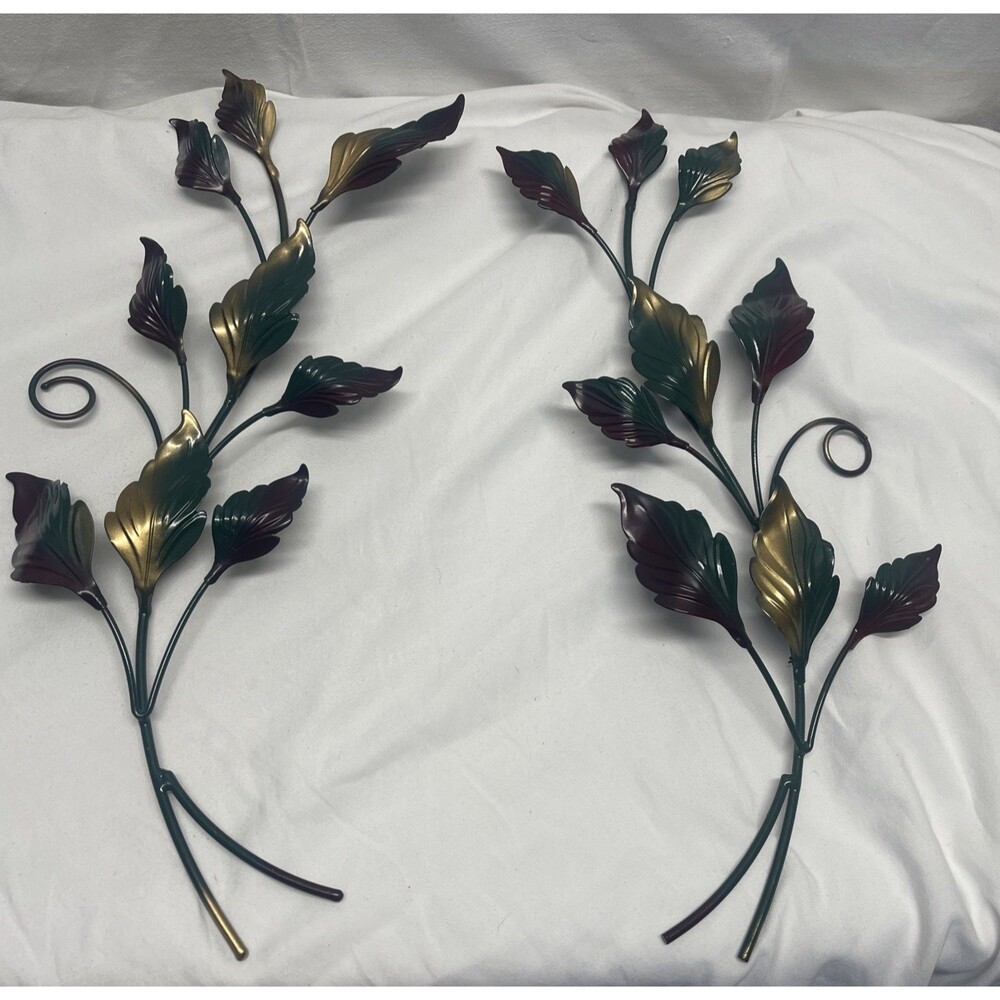 Vintage Set of 2 Home Interiors 19" Gold Burgundy Green Metal Leaves Wall Decor